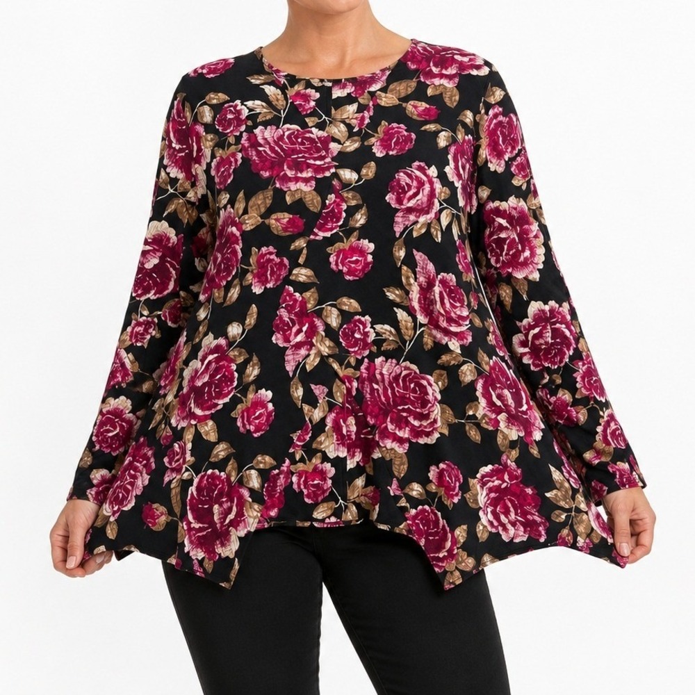 Catherines Top Women 3X Black Floral Rose Open Front Lightweight Layering Blouse